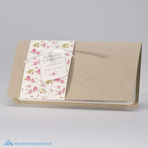 Naturbraune Hochzeitskarte mit Blumenbanderole