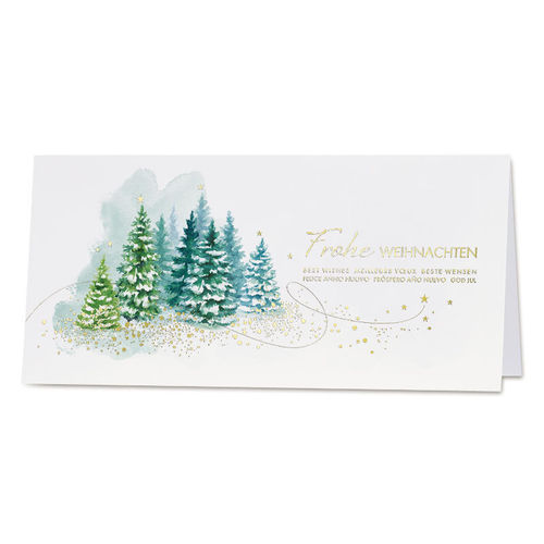 Weihnachtskarte mit grünen Weihnachtsbäumen und Goldfolie (860015)
