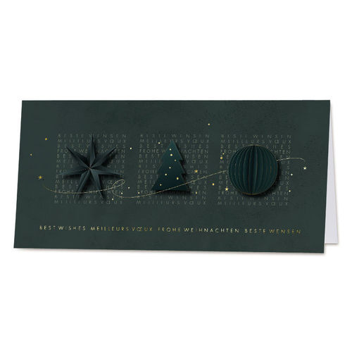 Internationale Weihnachtskarte mit Stern, Tannenbaum und Kugel (843025)