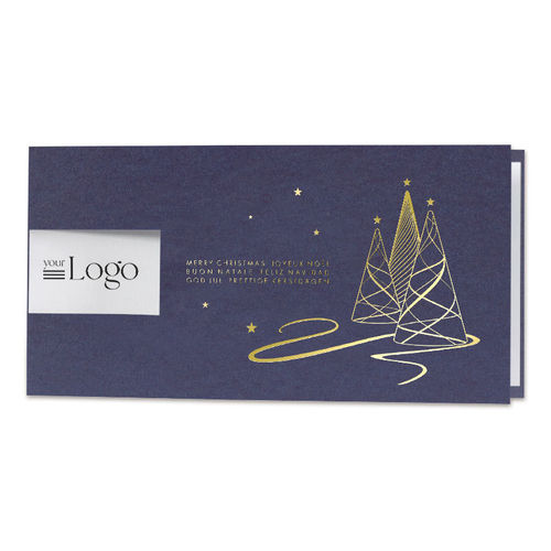 Blaue Weihnachtskarte mit Tannenbäumen und Fensterstanzung  (863002)