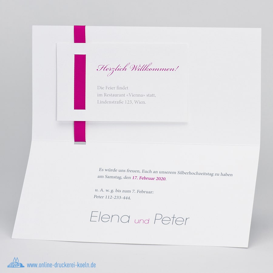 Elegante Hochzeitskarte mit fuchsia Bändchen – Bild 4